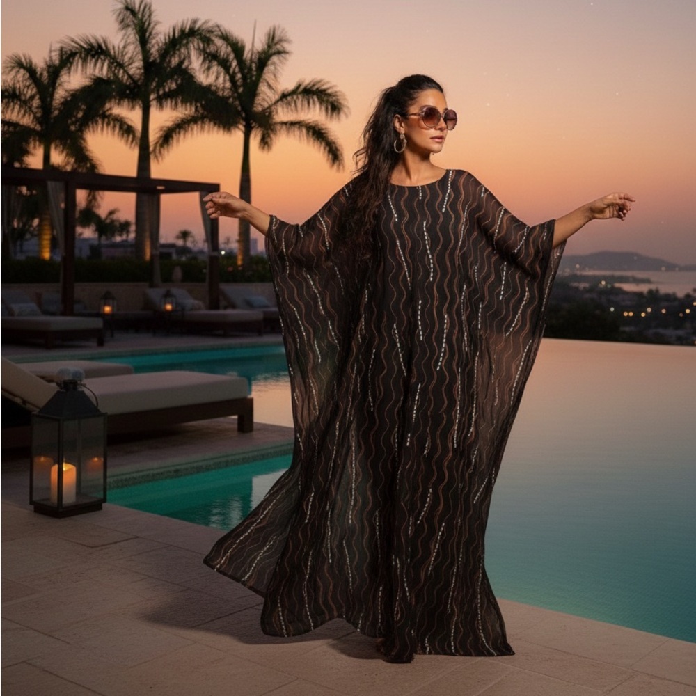 Gottex Sophisticated Vacation Glam Kaftan Floor Length Draping Semi Sheer Chifon